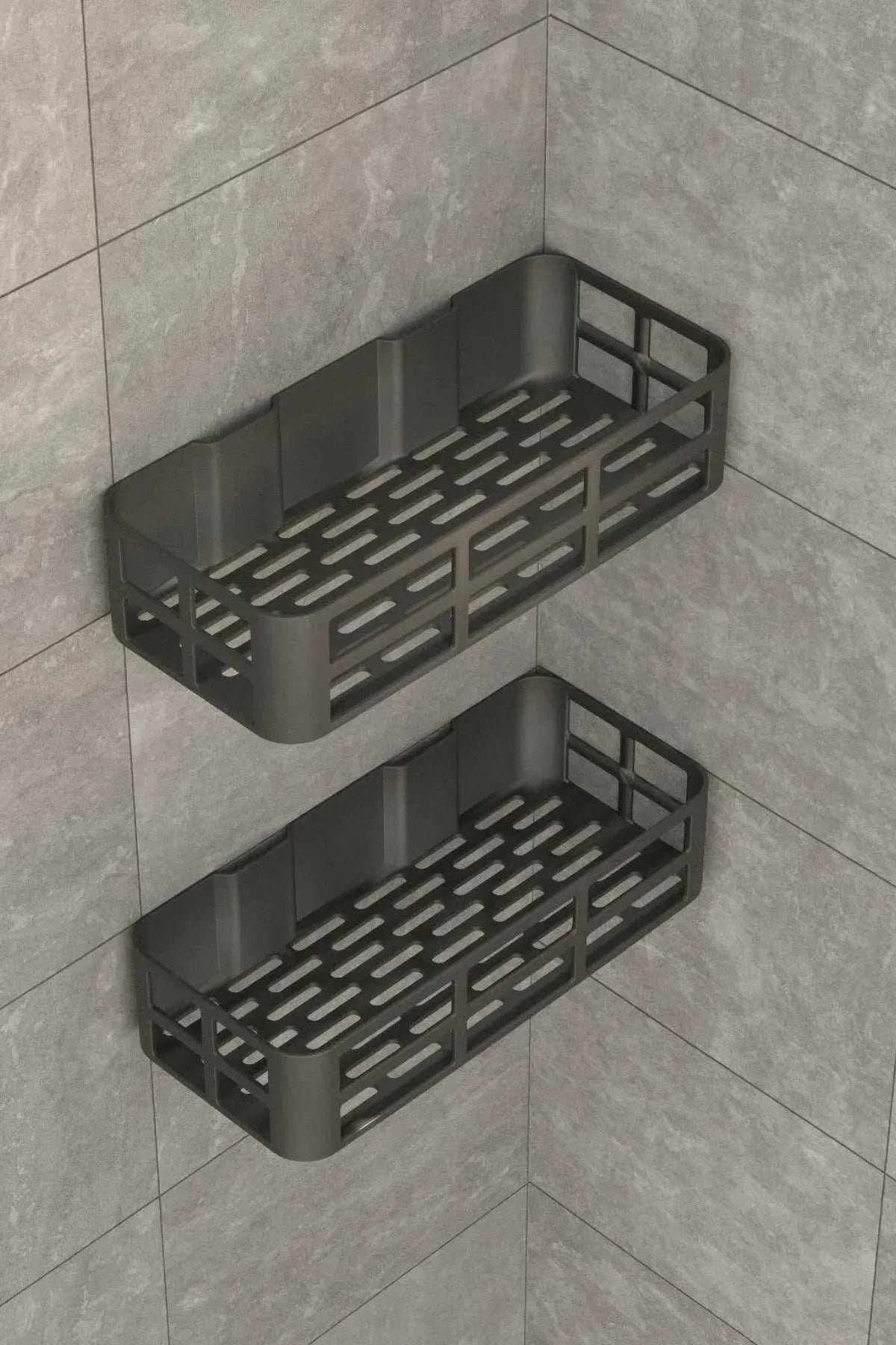 Omaş 2'li Set Banyo Duş Rafı Şampuanlık, Sabunluk Siyah YAPIŞKANLI Duş Organizer Suya Dayanıklı Plastik