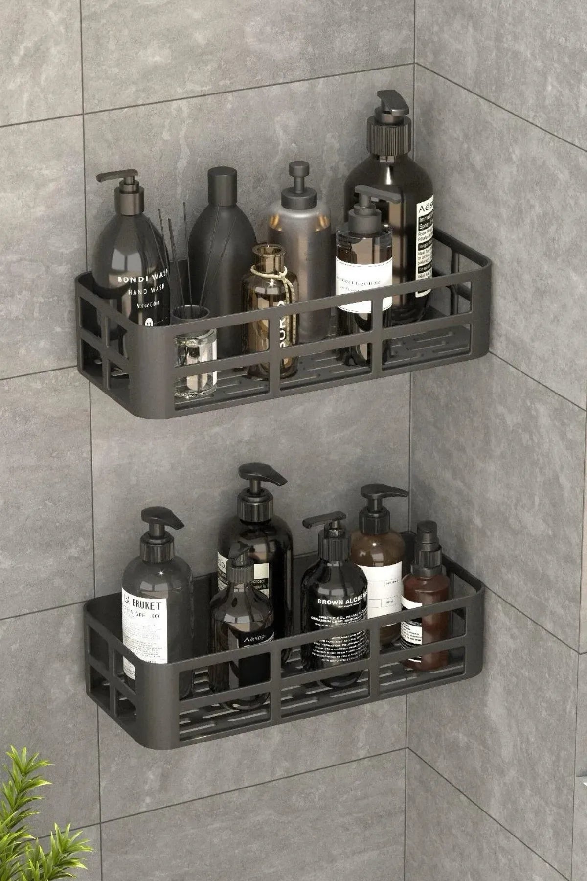 Omaş 2'li Set Banyo Duş Rafı Şampuanlık, Sabunluk Siyah YAPIŞKANLI Duş Organizer Suya Dayanıklı Plastik