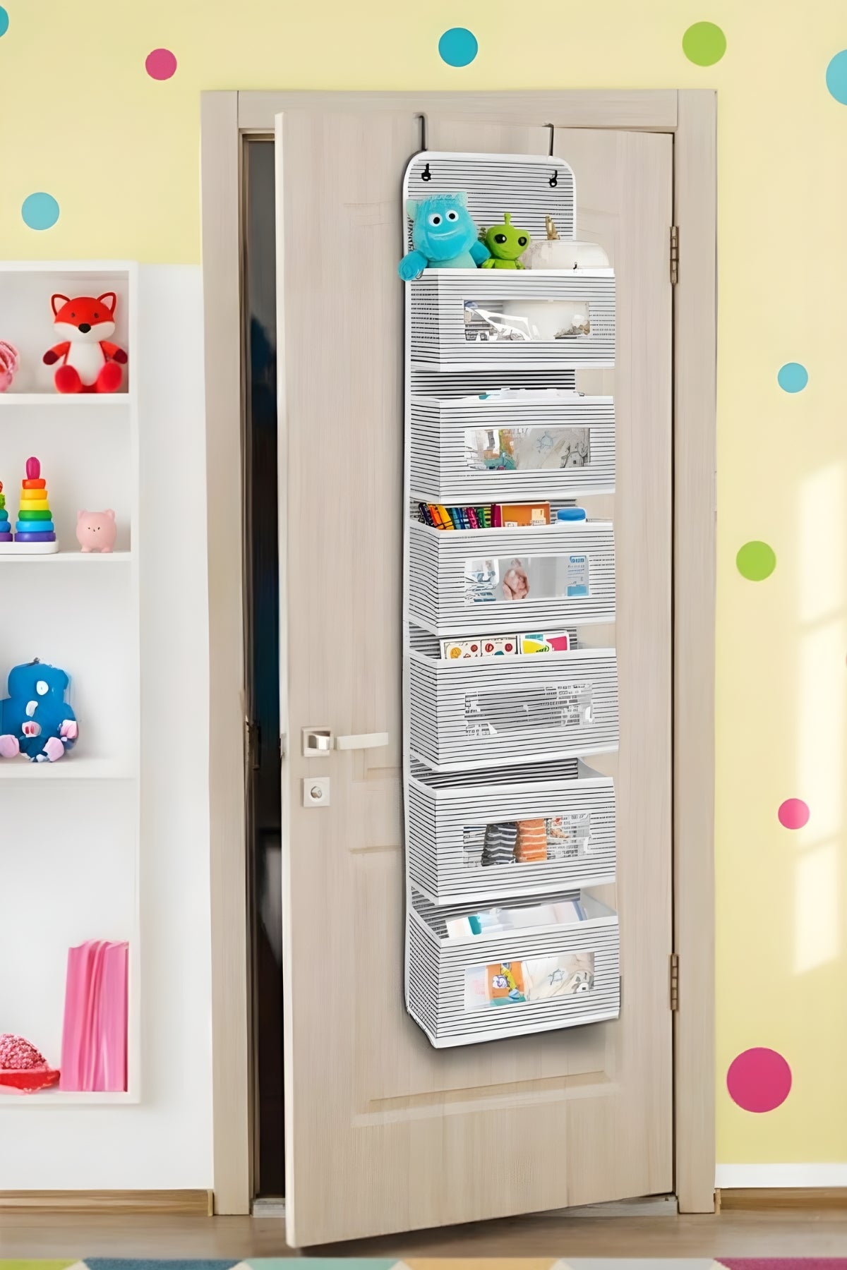 Çok Amaçlı 6 Gözlü Kapı Arkası Askılı Organizer - Bebek Odası Oyuncak, Banyo Aksesuar Düzenleyici