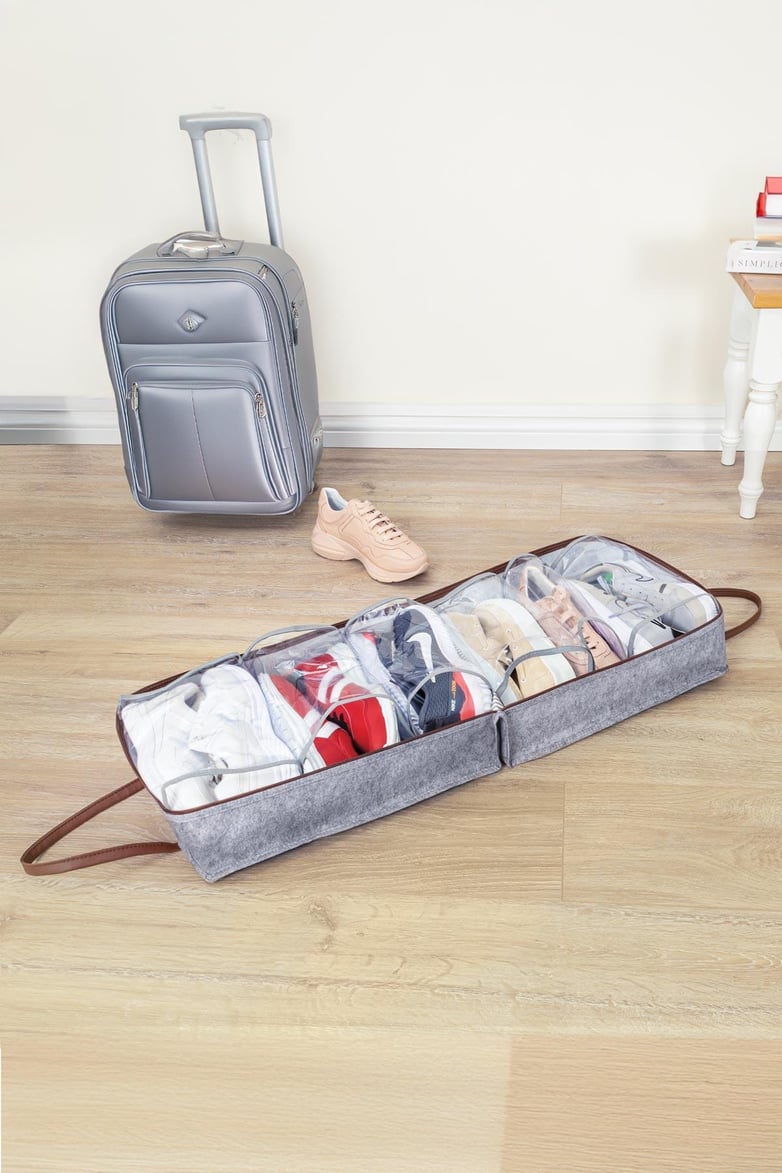 Deri Kulplu Ayakkabı Seyahat Çantası, Gri, 35 x 22 x 40 cm