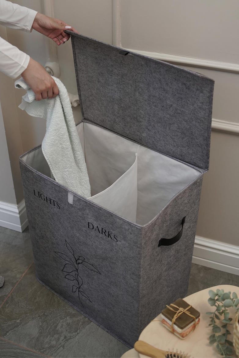 Deri Detaylı 2 Gözlü Çamaşır Sepeti, 53 x 33 x 60 cm, 105 Litre