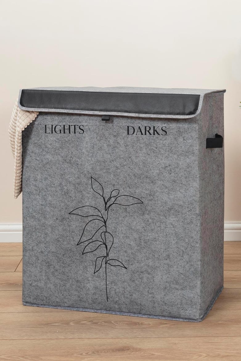 Deri Detaylı 2 Gözlü Çamaşır Sepeti, 53 x 33 x 60 cm, 105 Litre