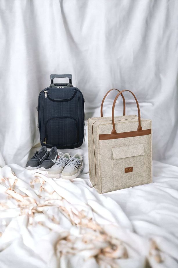 Deri Kulplu Ayakkabı Seyahat Çantası - Krem, 35 x 22 x 40 cm