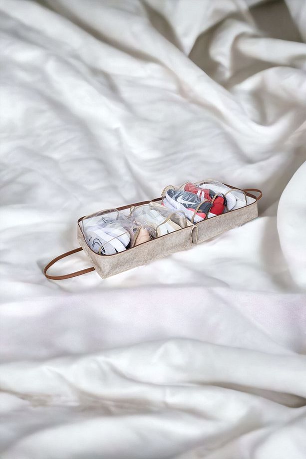 Deri Kulplu Ayakkabı Seyahat Çantası - Krem, 35 x 22 x 40 cm