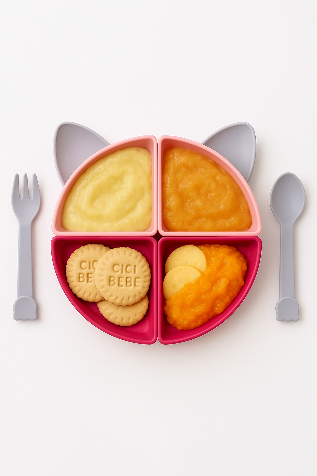 Kedi Kulaklı 4 Bölmeli Mama Tabağı + Kaşık Çatal Seti (22 cm) - Bebek ve Çocuklar İçin